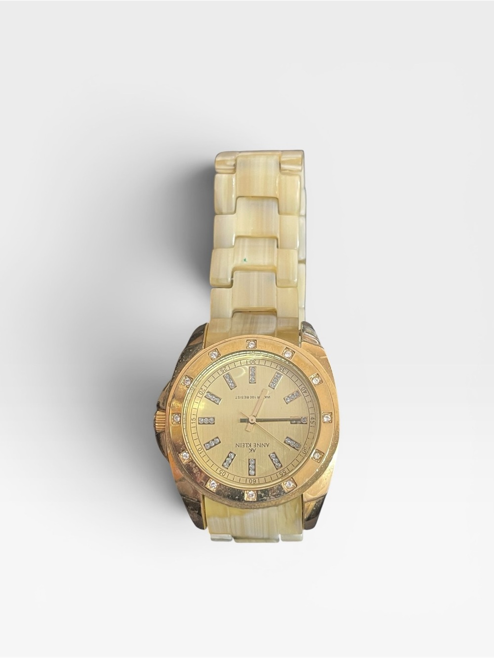 Anne Klein Gold Tone & Cream Resin Link Watch with Crystal Accents